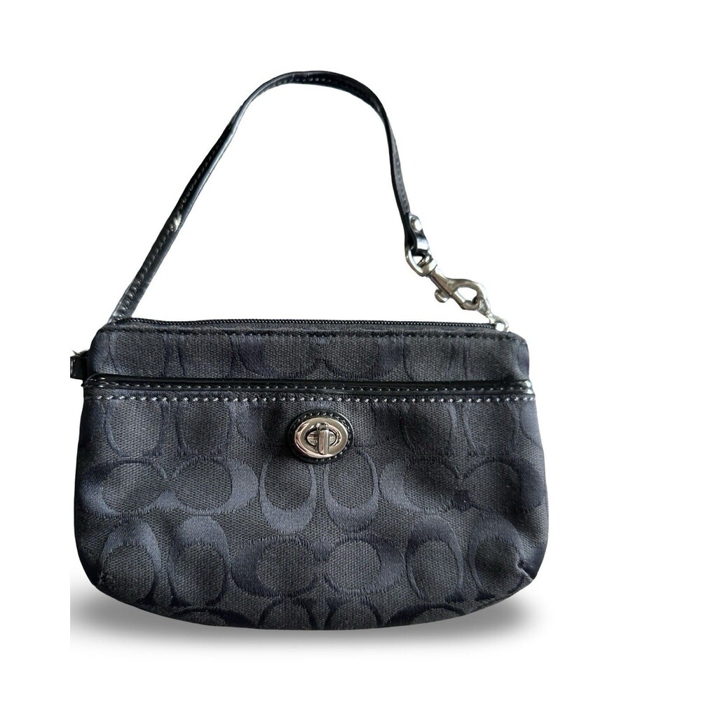 COACH Signature Jacquard Turnlock Two Pocket Wristlet Pouch Purse Black